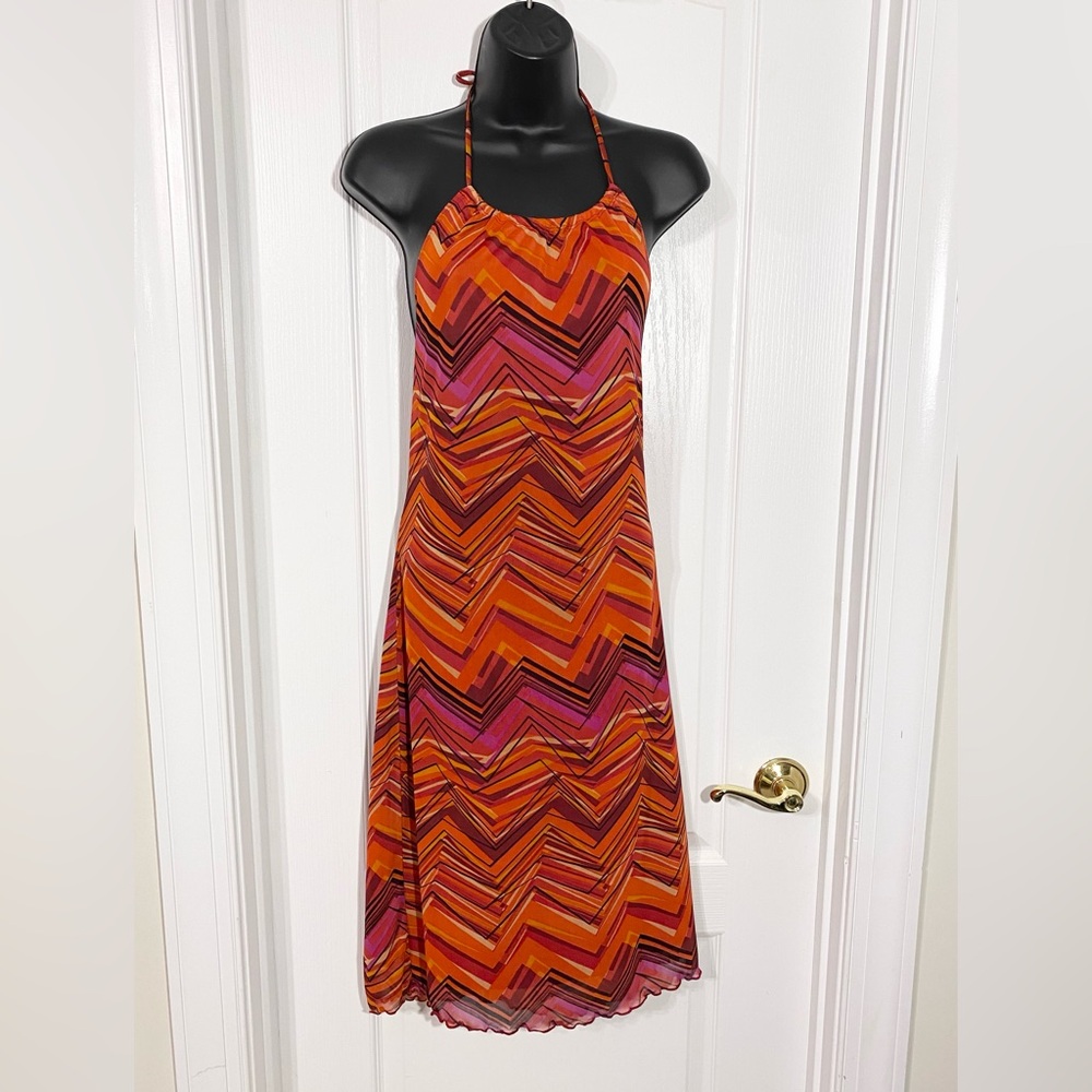 Y2K Brushstroke Chevron Lettuce Edge Mesh Halter Dress Vintage Orange Red Large